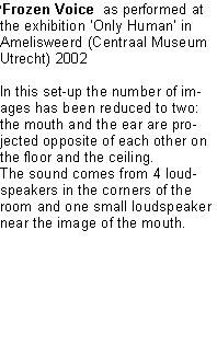 Text Box: �Frozen Voice  as performed at the exhibition �Only Human� in Amelisweerd (Centraal Museum Utrecht) 2002In this set-up the number of images has been reduced to two: the mouth and the ear are projected opposite of each other on the floor and the ceiling.The sound comes from 4 loudspeakers in the corners of the room and one small loudspeaker near the image of the mouth. 